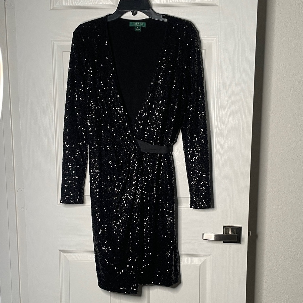 Lauren Ralph Lauren Evening Sequin Long Sleeve Midi Wrap Dress